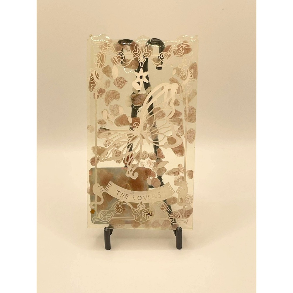 The Lovers Tarot Butterfly Resin Incense‎ Holder Stick Ash Catcher Pink Stones
